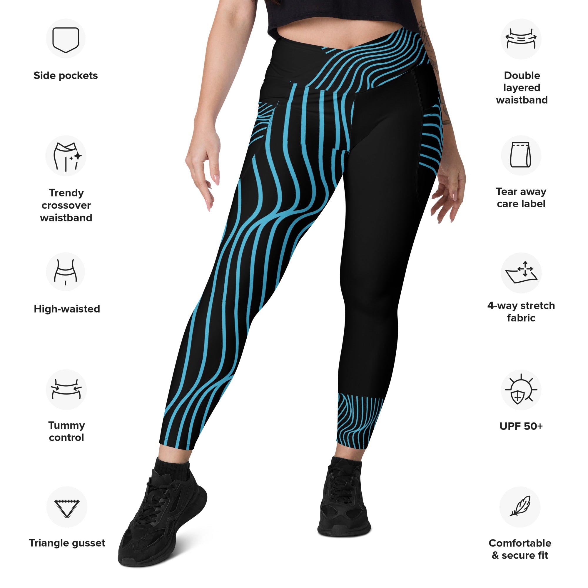 Black Workout Leggings with Pockets. Streetwear or Gymwear Crossover Leggings. Yoga Pants. WickedYo.
